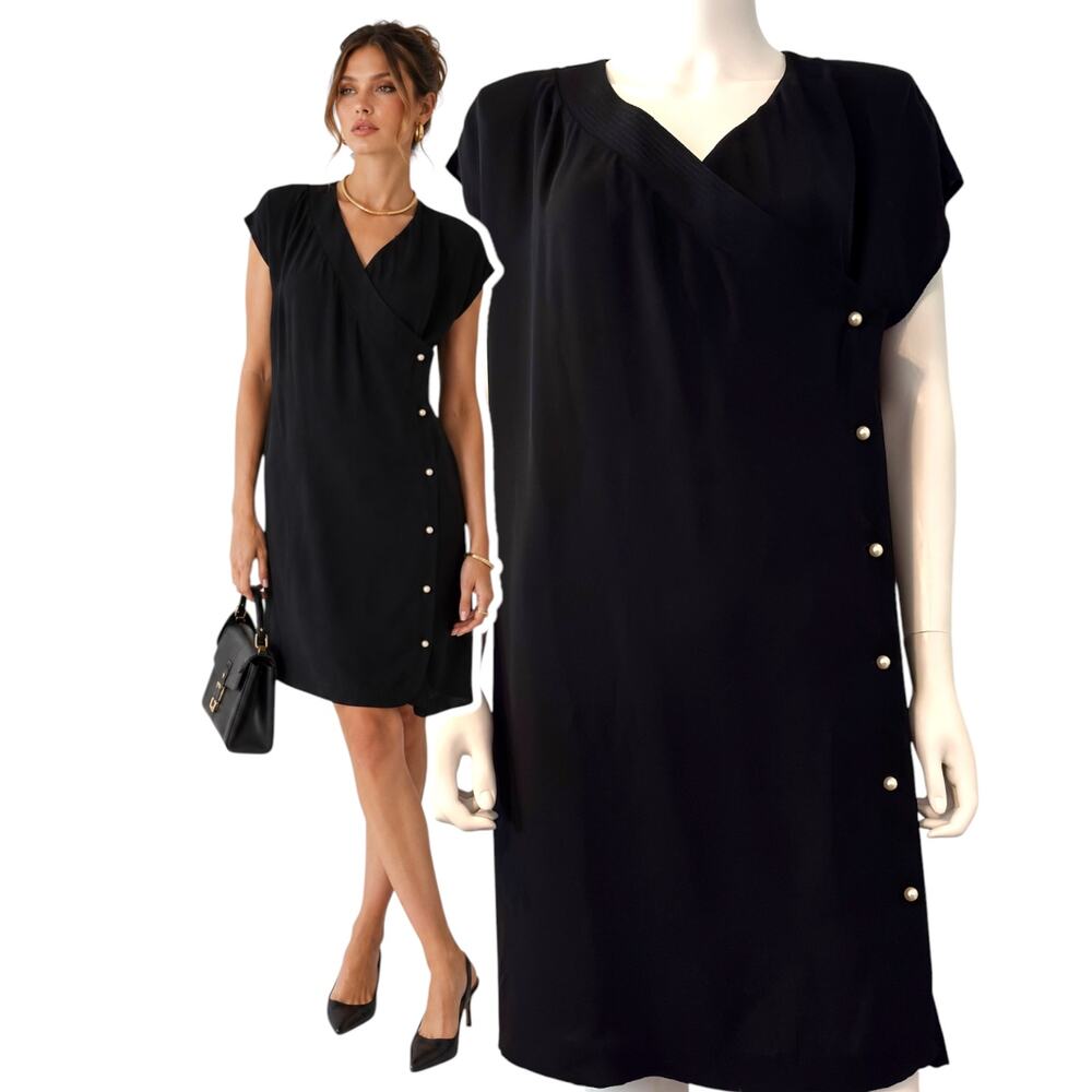 Vintage Ferrali Black Wrap Pearl Button Shift Dress Minimalist Career Chic 9/10